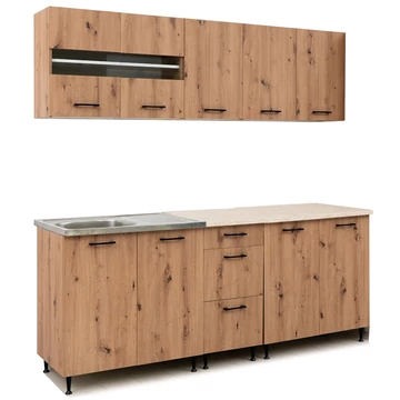ANIKÓ 200 cm konyhabútor 1M+1CS.Mosogató / Artisan + Carrara Bézs márvány munkalap / Fekete fogó