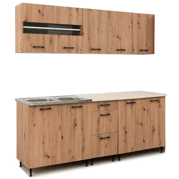 ANIKÓ 200 cm konyhabútor 2M.Mosogató / Artisan + Carrara Bézs márvány munkalap / Fekete fogó