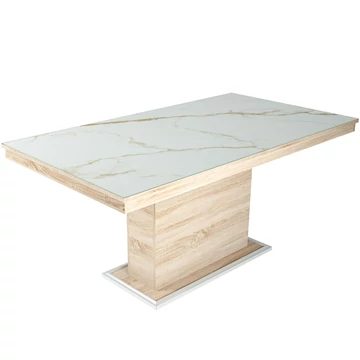 FLÓRA PLUSZ asztal 160(+40)cm - Sonoma Tölgy / Magasfényű Beige márvány minta