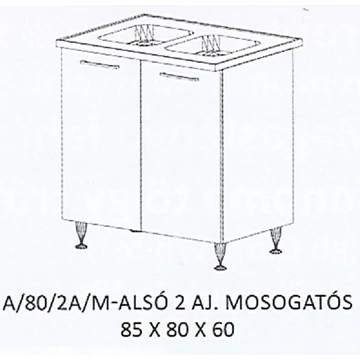 DORINA A/80/2A/M-ALSÓ 2 ajtós munkalapos mosogatós elem-2 medencés Ttálas mosogatóval