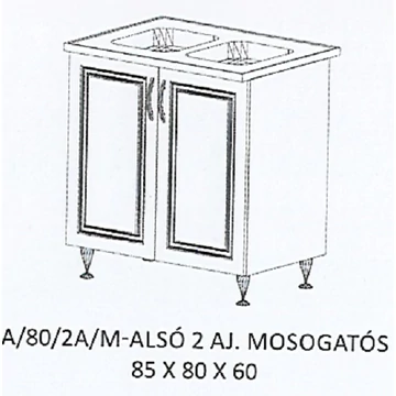 ORSI A/80/2A/M-ALSÓ 2 ajtós mosogatós munkalapos elem-2 medencés Ttálas mosogatóval