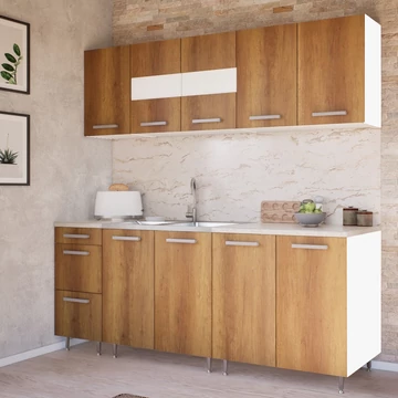 ANIKÓ 200 cm konyhabútor 2M.Mosogató / Barna Tölgy-Fehér + Carrara Bézs márvány munkalap