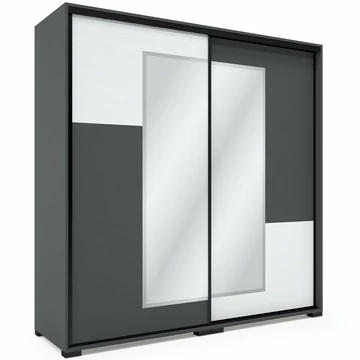 NEO 200 cm tolóajtós tükrös gardrób - Matt Sötétszürke / Rusztik Fehér (Erezett Fehér) betét / Fekete profil