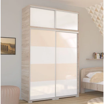 BOND 120 cm magasfényű gardrób - Sonoma Tölgy / Magasfényű Fehér üveg / Magasfényű Beige üveg, MAGASÍTÓVAL