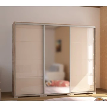 BOND 239 cm magasfényű gardrób 1 TÜKÖRREL - Sonoma Tölgy / Magasfényű Beige üveg