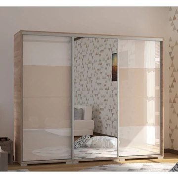 BOND 239 cm magasfényű gardrób 1 TÜKÖRREL - Sonoma Tölgy / Magasfényű Fehér üveg / Magasfényű Beige üveg