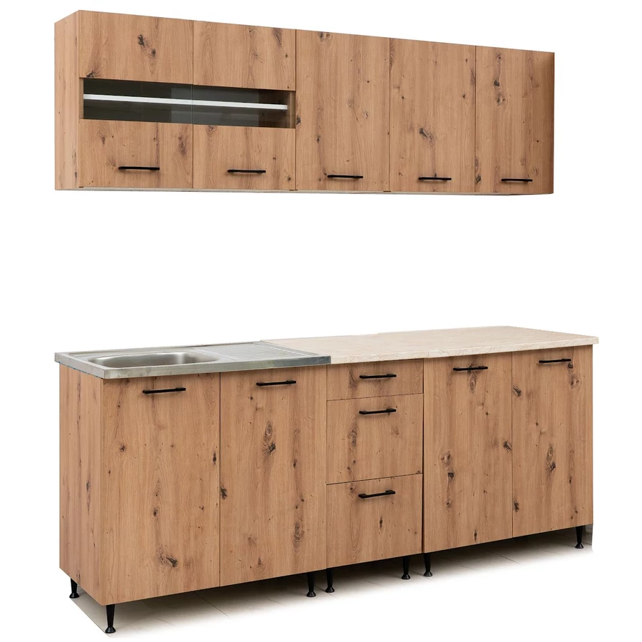 ANIKÓ 200 cm konyhabútor 1M+1CS.Mosogató / Artisan + Carrara Bézs márvány munkalap / Fekete fogó