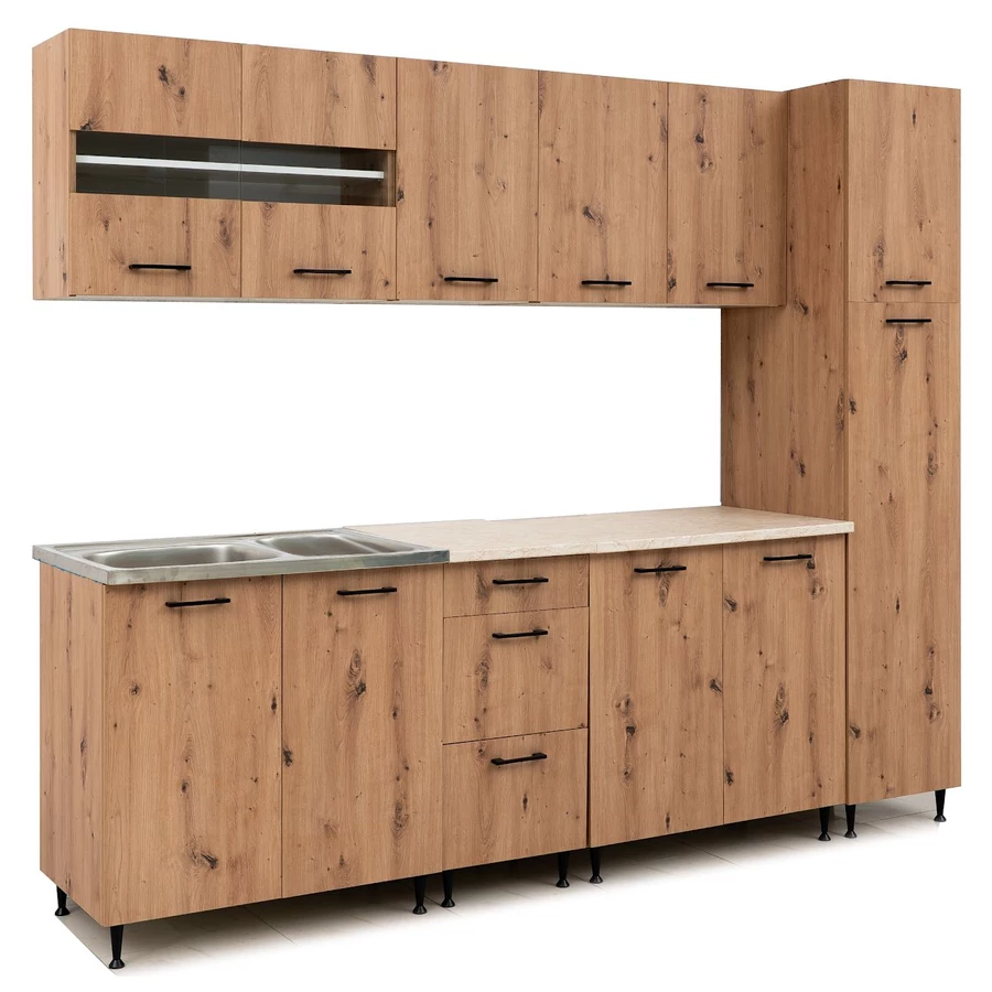 ANIKÓ 240 cm konyhabútor 2M.Mosogató / Artisan + Carrara Bézs márvány munkalap / Fekete fogó