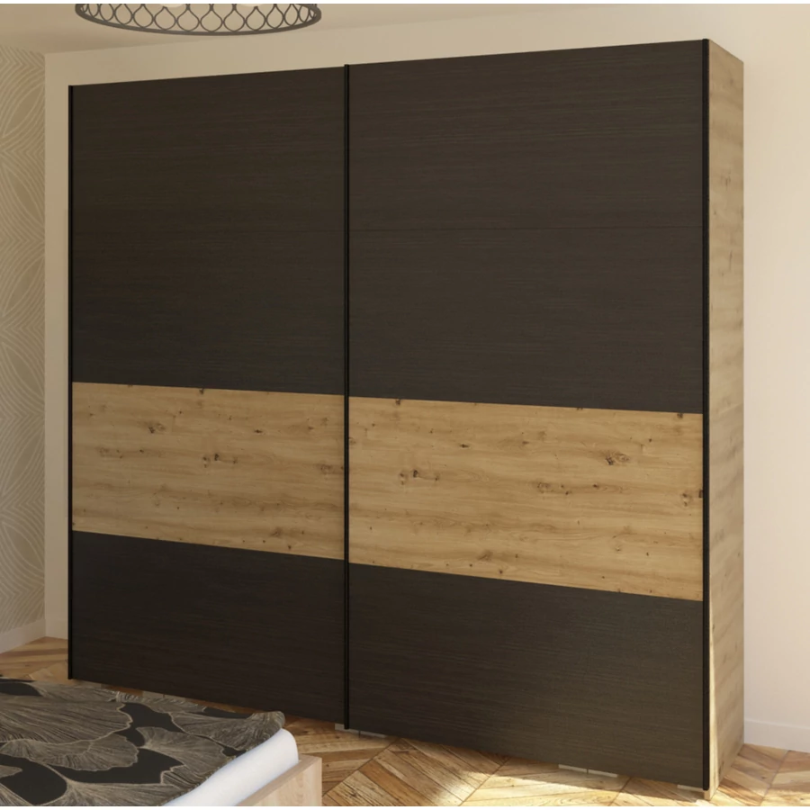 FŐNIX 254 cm tolóajtós gardrób - Artisan Tölgy / Nero / Fekete profil "B"