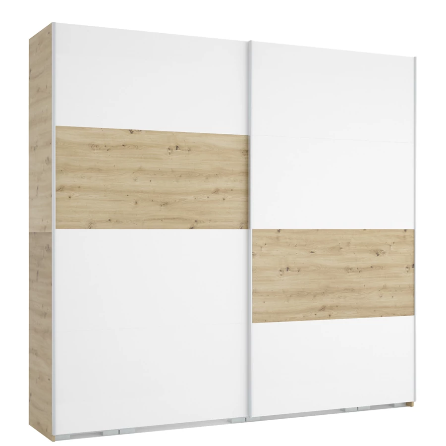 FŐNIX 254 cm tolóajtós gardrób - Artisan Tölgy / Rusztik Fehér (Erezett Fehér) / Szürke profil