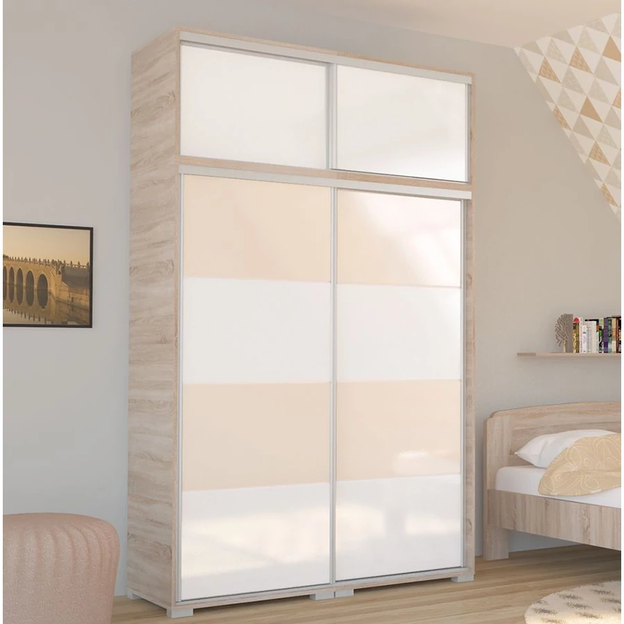 BOND 120 cm magasfényű gardrób - Sonoma Tölgy / Magasfényű Fehér üveg / Magasfényű Beige üveg, MAGASÍTÓVAL