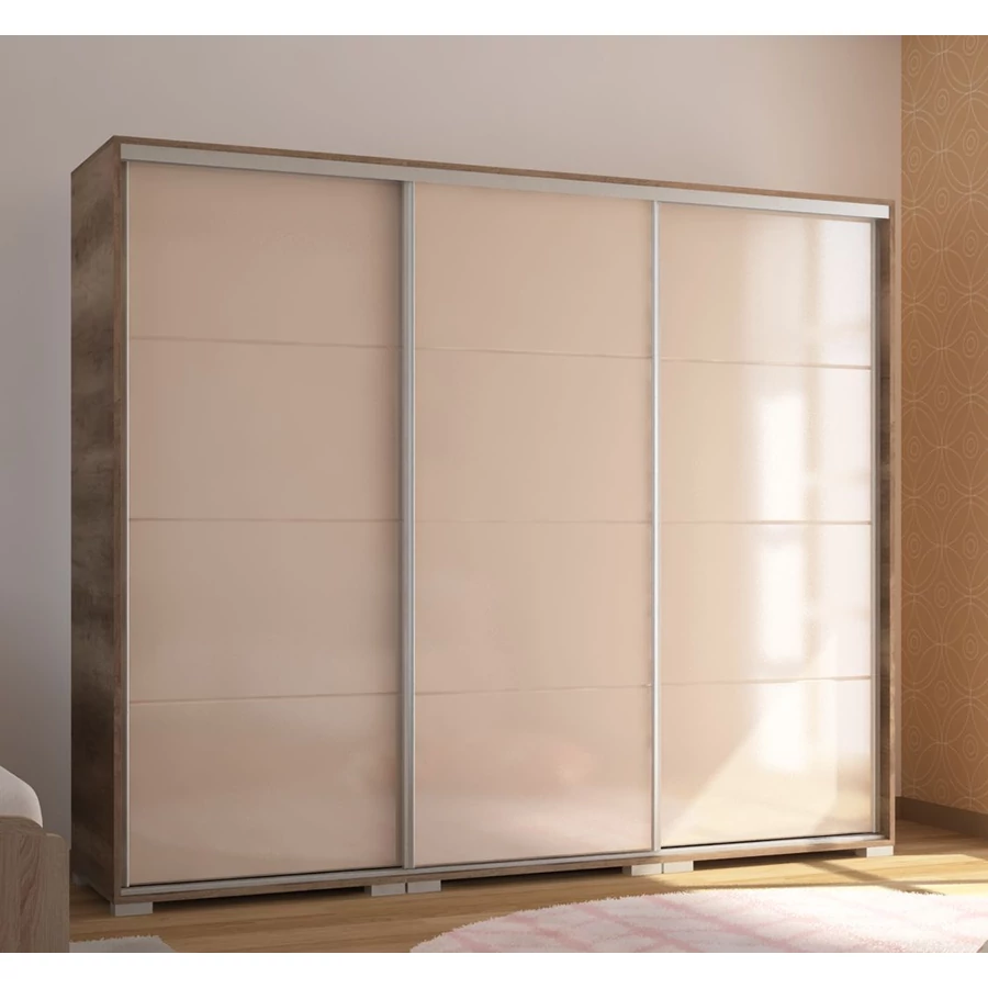 BOND 239 cm magasfényű gardrób - Canyon Tölgy / Magasfényű Beige üveg