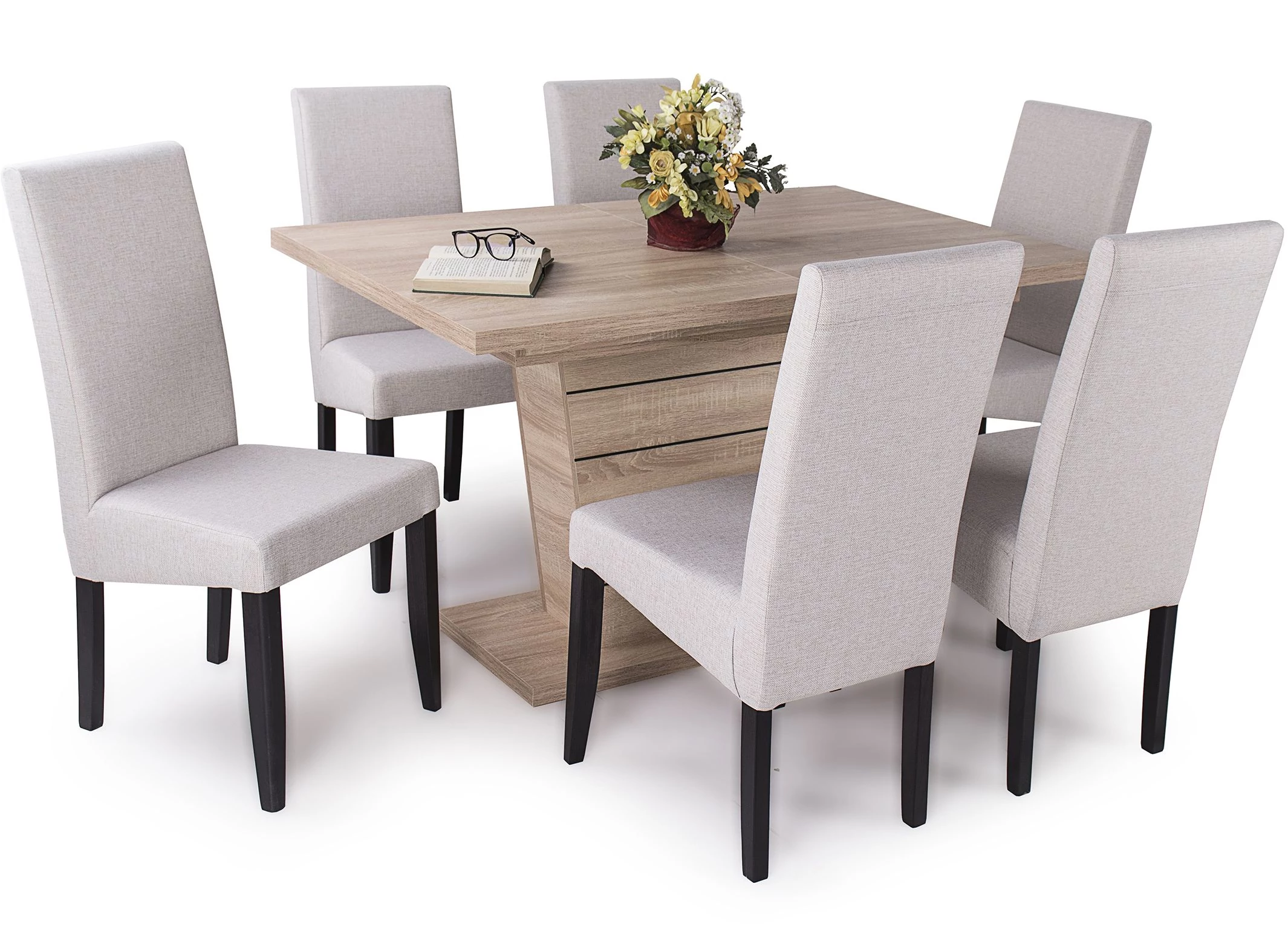 FANNI étkezőgarnitúra 6+1 - Sonoma Tölgy / Beige (FANNI 135 asztal + BERTA-LUX szék)
