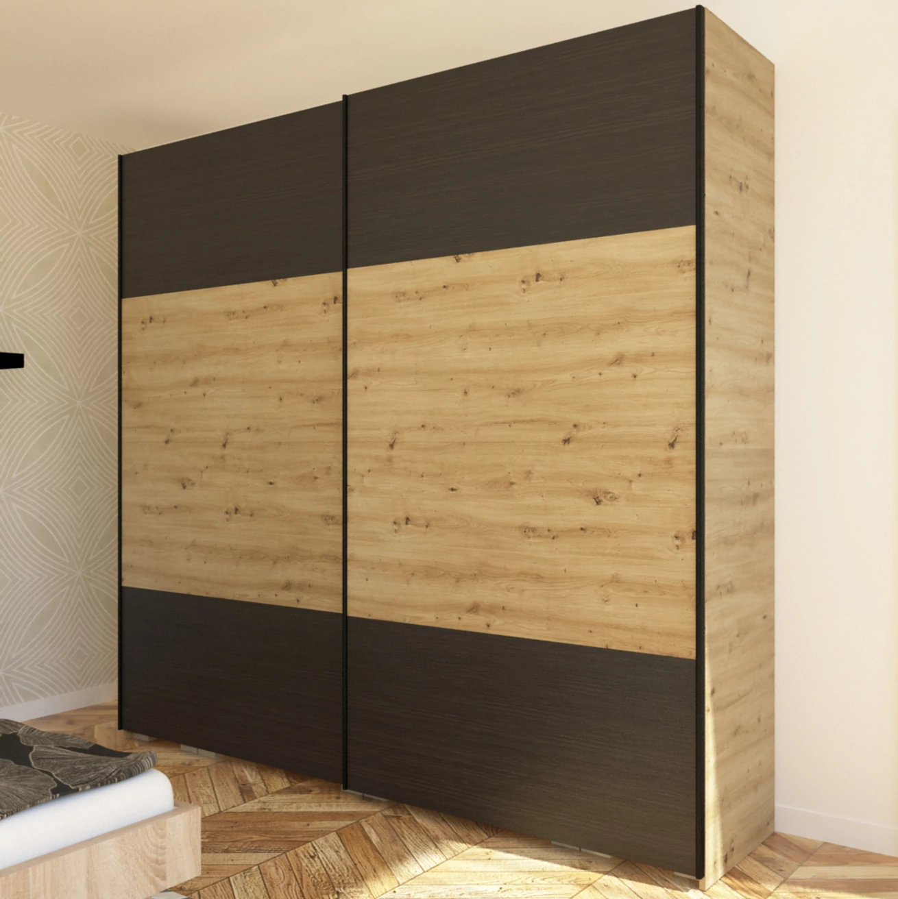 FŐNIX 254 cm tolóajtós gardrób - Artisan Tölgy / Nero / Fekete profil 