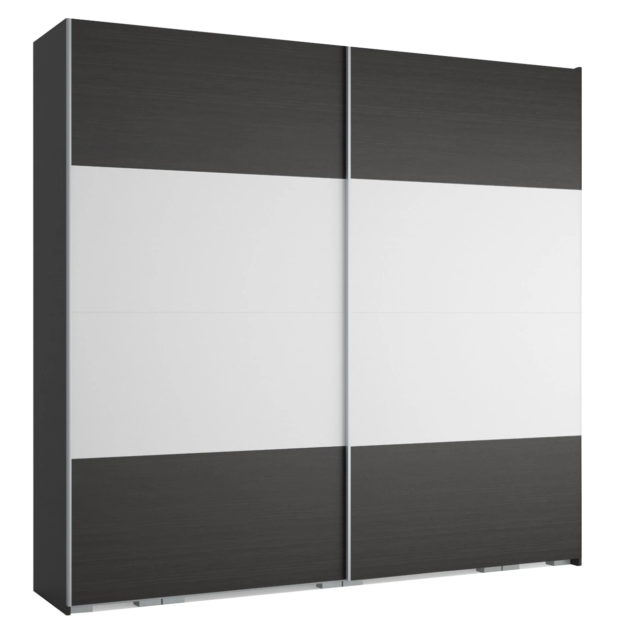 FŐNIX 254 cm tolóajtós gardrób - Nero / Rusztik Fehér (Erezett Fehér) / Szürke profil 