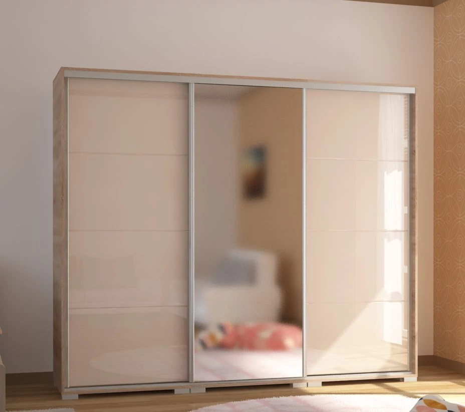 BOND 239 cm magasfényű gardrób 1 TÜKÖRREL - Sonoma Tölgy / Magasfényű Beige üveg