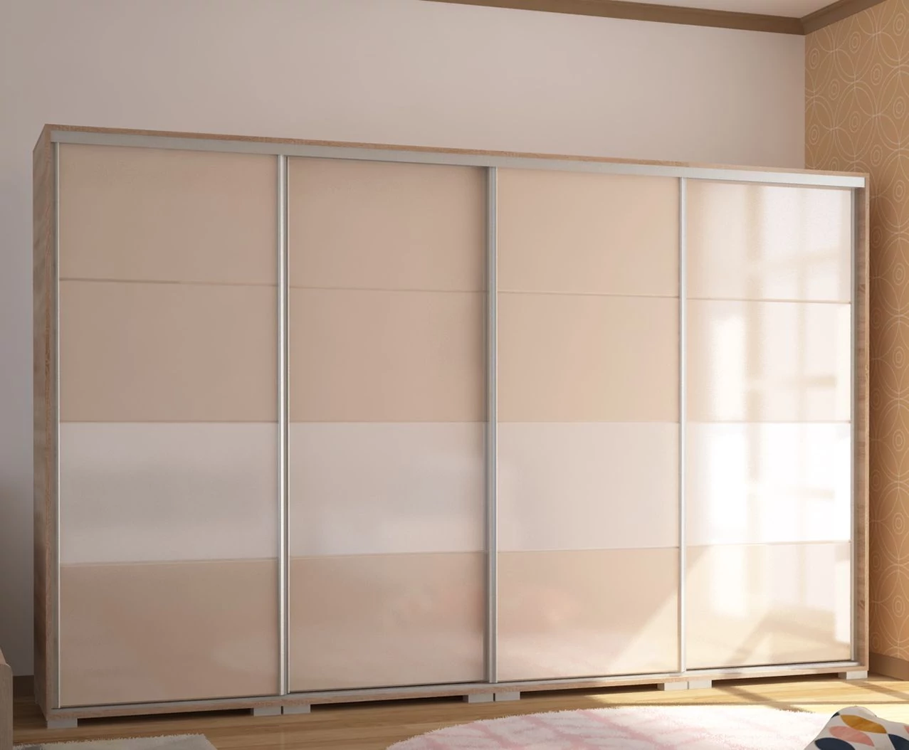 BOND 318 cm magasfényű gardrób - Sonoma Tölgy / Magasfényű Beige üveg / Magasfényű Fehér üveg
