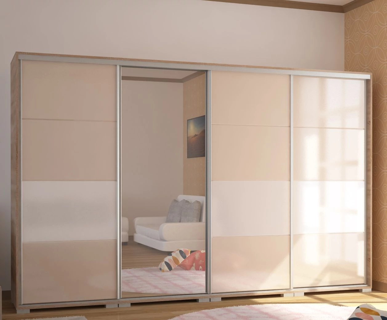BOND 318 cm magasfényű gardrób 1 TÜKÖRREL - Sonoma Tölgy / Magasfényű Beige üveg / Magasfényű Fehér üveg