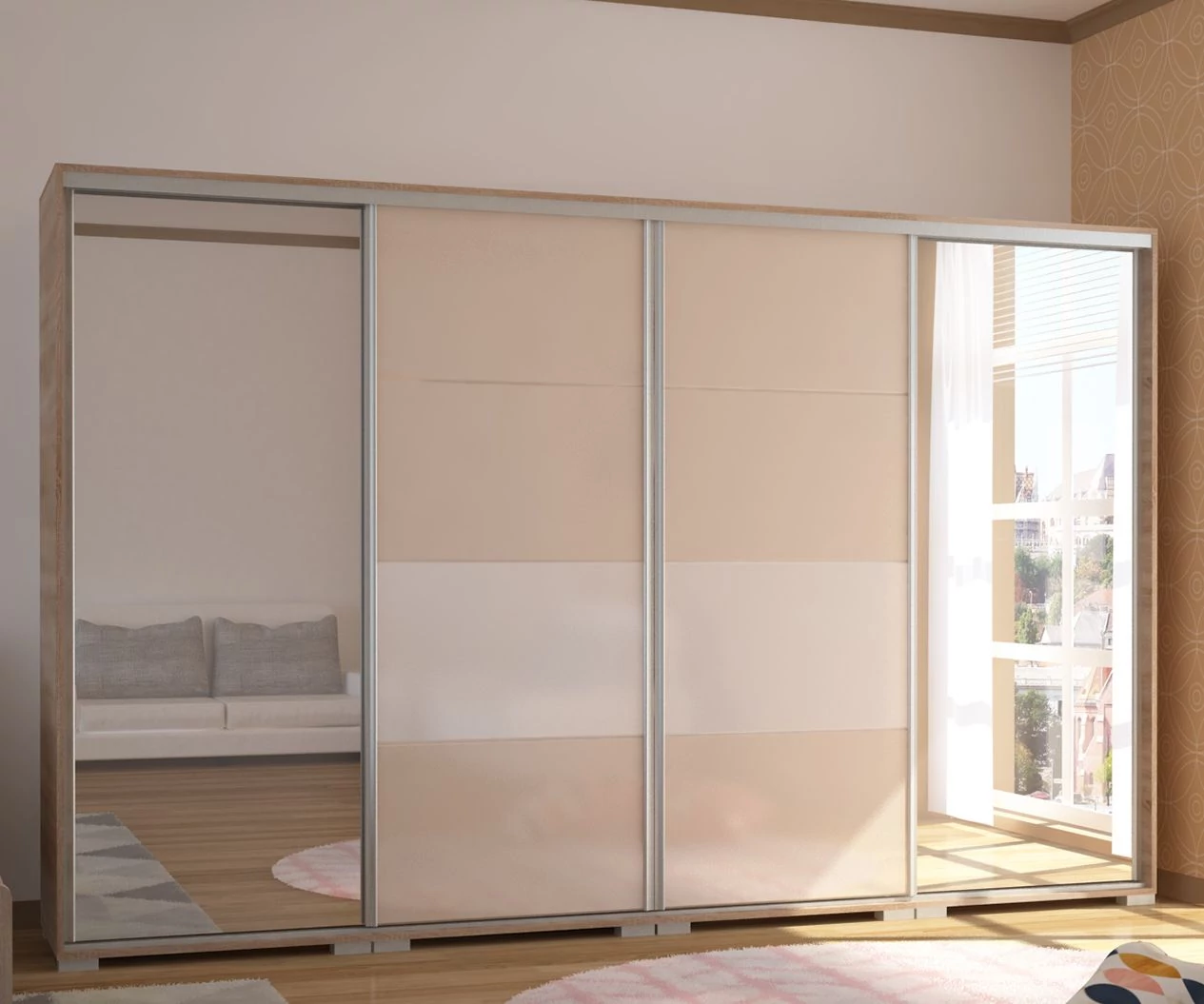 BOND 318 cm magasfényű gardrób 2 TÜKÖRREL - Sonoma Tölgy / Magasfényű Beige üveg / Magasfényű Fehér üveg