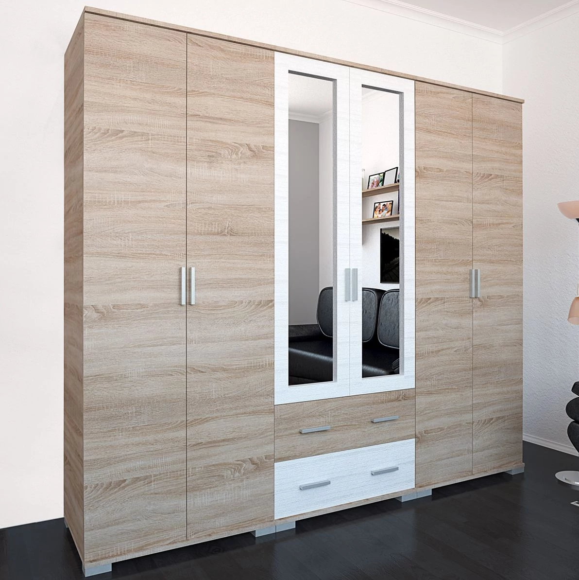 NÁPOLY 240 cm nyílóajtós gardrób - Sonoma Tölgy / Rusztik Fehér (Erezett Fehér)